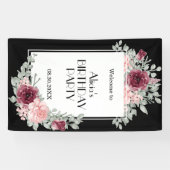 ブルガンディピンクローズフローラブラックハッピーバースデー 横断幕 (横)