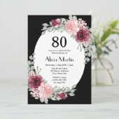 ブルガンディピンクローズ80th誕生日ブラック招待状 招待状 (スタンド正面)