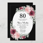 ブルガンディピンクローズ80th誕生日ブラック招待状 招待状 (正面/裏面)