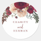 ブルガンディピンク赤面結婚フローラ封筒用シール ラウンドシール (正面)