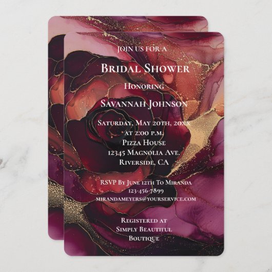 ブルガンディピンク金ゴールドフローラブライダルシャワー 招待状 (正面/裏面)