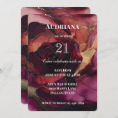 ブルガンディピンク金ゴールドフローラ誕生日 招待状 (正面/裏面)