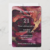 ブルガンディピンク金ゴールドフローラ誕生日 招待状 (正面)