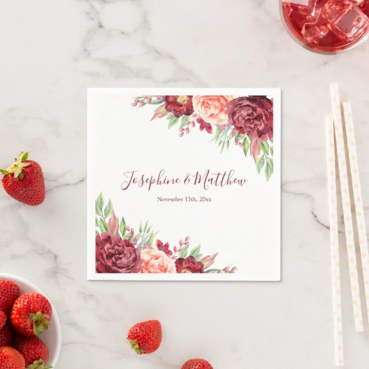 ブルガンディピーチバラウォーターカラーフローラ結婚ズ スタンダードカクテルナプキン (インサイチュ)