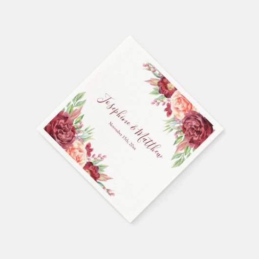 ブルガンディピーチバラウォーターカラーフローラ結婚ズ スタンダードカクテルナプキン (角)