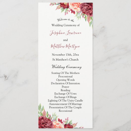 ブルガンディピーチバラウォーターカラーフローラ結婚ズ プログラム (正面)