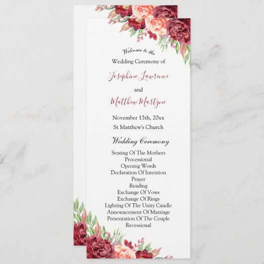 ブルガンディピーチバラウォーターカラーフローラ結婚ズ プログラム (正面/裏面)