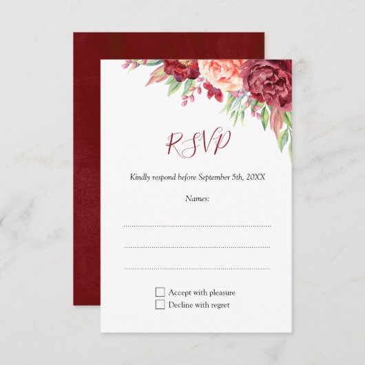 ブルガンディピーチバラウォーターカラーフローラ結婚ズ 出欠カード (正面/裏面)