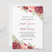 ブルガンディピーチバラウォーターカラーフローラ結婚ズ 招待状 (正面)