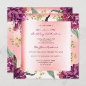 ブルガンディピーチピンクフローラトロピカルピーニー誕生日 招待状 (正面/裏面)