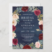 ブルガンディピーチフローラネイビーブルーブライダルシャワー 招待状 (正面)