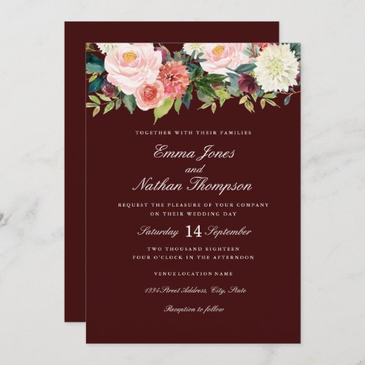 ブルガンディピーチボタニカルウォーターフローラ結婚ズ 招待状 (正面/裏面)