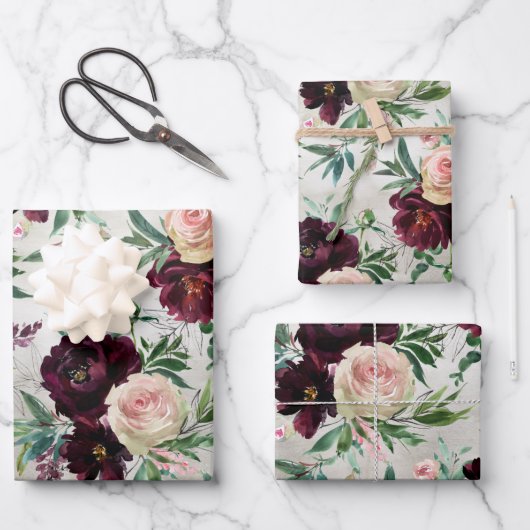 ブルガンディピーニー赤面ピンクモンディアルバラ ラッピングペーパーシート (正面)