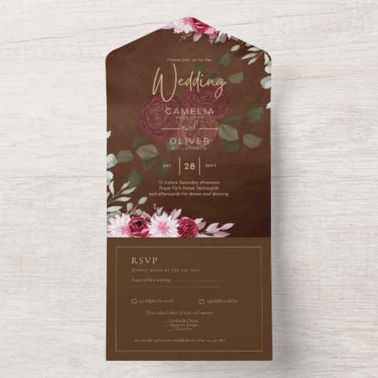 ブルガンディブラウンフローラ冬秋の結婚式招待状 オールインワン招待状 (内側)