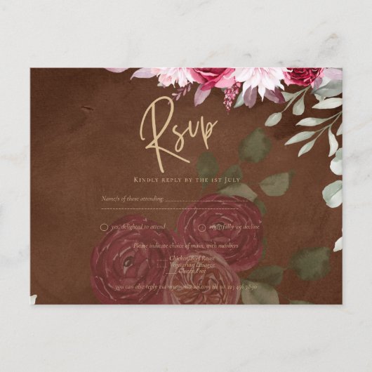 ブルガンディブラウンフローラ冬秋の結婚式招待状 ポストカード (正面)