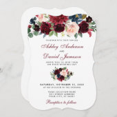 ブルガンディブルーウォーターカラーフローラエレガントな結婚式W 招待状 (正面/裏面)