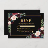 ブルガンディブルーフローラウェディングRSVPブラック金ゴールド 出欠カード (正面/裏面)