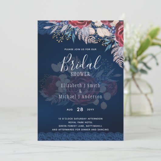 ブルガンディブルーフローラブライダルシャワー招待状デジタル 招待状 (スタンド正面)
