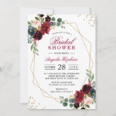 ブルガンディブルーフローラ金ゴールド幾何学ブライダルシャワー 招待状 (正面)