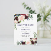 ブルガンディブルー赤面フローラ結婚式の日付を保存 ポストカード (スタンド正面)