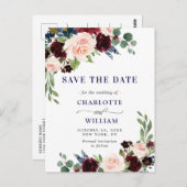 ブルガンディブルー赤面フローラ結婚式の日付を保存 ポストカード (正面/裏面)