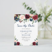 ブルガンディブルー赤面フローラ結婚式の日付を保存 ポストカード (スタンド正面)