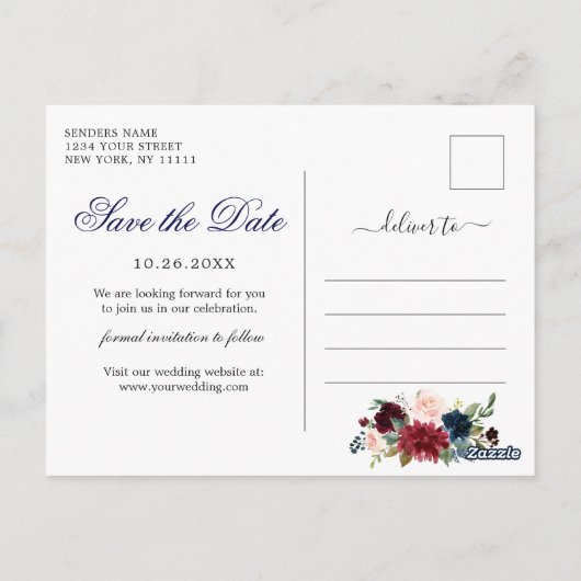 ブルガンディブルー赤面フローラ結婚式の日付を保存 ポストカード (裏面)