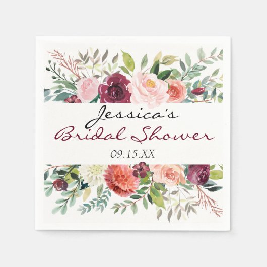 ブルガンディブーケパーソナライズされたフローラナプキン スタンダードカクテルナプキン (正面)