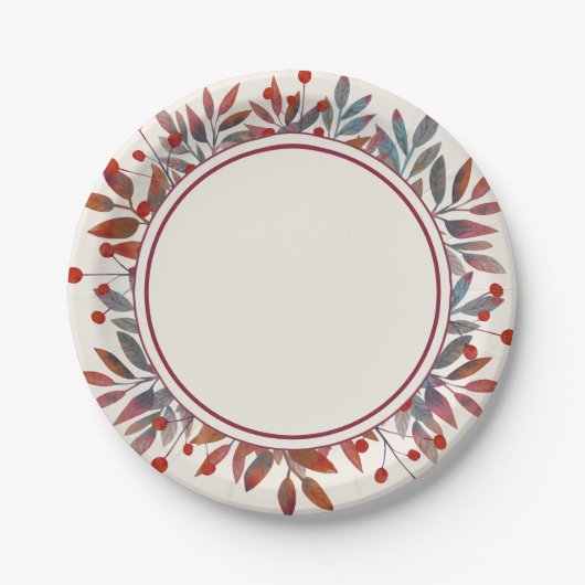 ブルガンディベリー&ティール（緑がかった色）離れアイボリー ペーパープレート (正面)