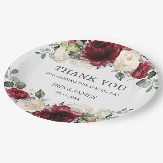ブルガンディホワイトフローラバラウェディングシャワー誕生日 ペーパープレート (アングル)