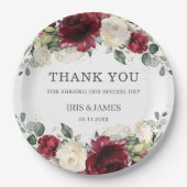 ブルガンディホワイトフローラバラウェディングシャワー誕生日 ペーパープレート (正面)