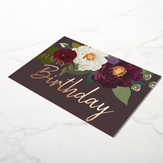 ブルガンディホワイトフローラ実在ハッピーバースデー金ゴールド 箔シーズンカード (回転した状態)