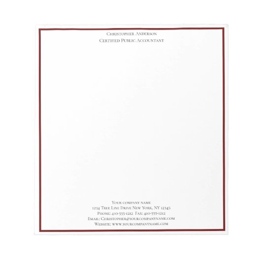 ブルガンディホワイトプロフェッショナルビジパーソナライズされたネス ノートパッド (正面)