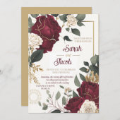 ブルガンディホワイトローズフローラ金ゴールドエレガントな結婚式 招待状 (正面/裏面)