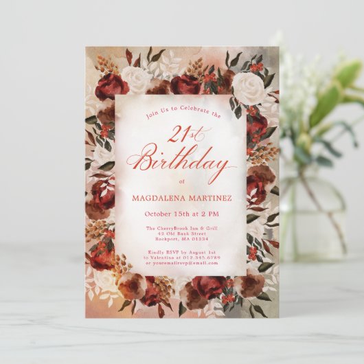 ブルガンディホワイトローズ秋フローラ21歳の誕生日 招待状 (スタンド正面)