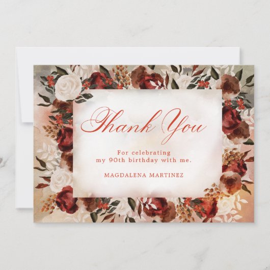 ブルガンディホワイトローズ秋フローラ90誕生日 サンキューカード (正面)