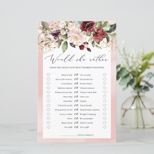 ブルガンディボゴ赤面ピンクフローラブライダルシャワーゲーム (スタンド正面)