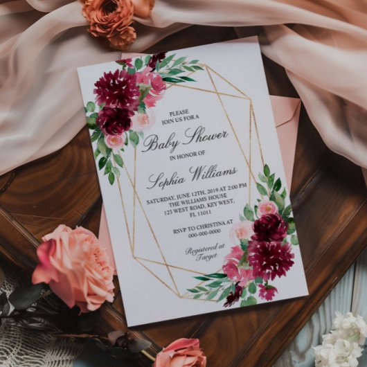 ブルガンディボヘミアンフローラベビーシャワー 招待状