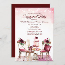 ブルガンディボホウォーターカラーフローラ婚約パーティ 招待状