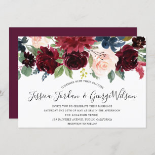 ブルガンディボホウォーターカラーフローラ結婚式招待状 招待状