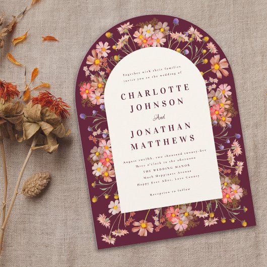 ブルガンディボホフローラアーチ秋の結婚式招待状 招待状