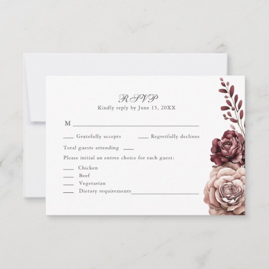 ブルガンディボホフローラウェディングRSVPカード 出欠カード (正面)