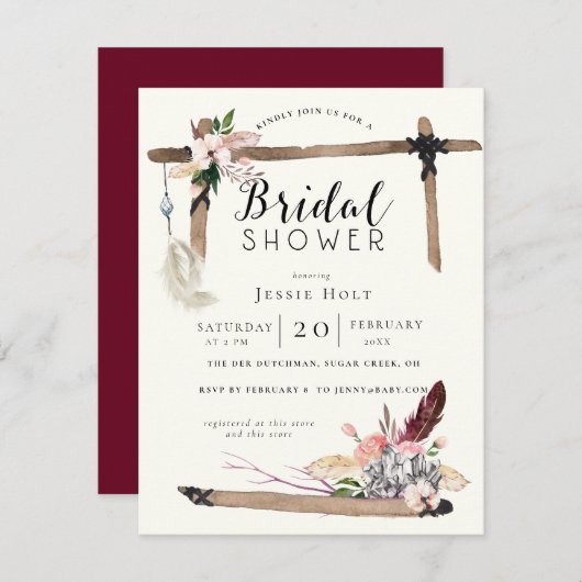 ブルガンディボホブライダルシャワー 招待状 (正面/裏面)