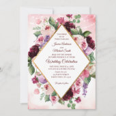 ブルガンディボホワインウォーター色結婚フローラカード 招待状 (正面)