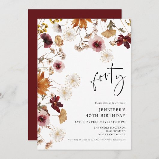 ブルガンディボホ秋フローラ40歳の誕生日 招待状 (正面/裏面)
