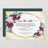 ブルガンディポインセティアス金ゴールドグリッタークリスマス セーブザデート (正面/裏面)