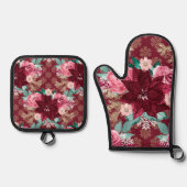 ブルガンディポインセティアピンクローズ 鍋つかみ&鍋敷きセット (正面)