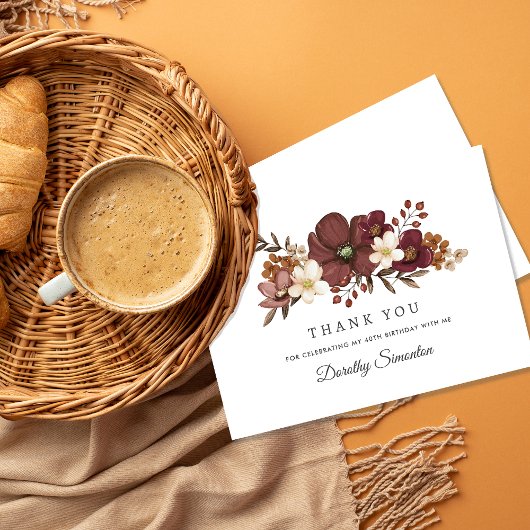 ブルガンディマウヴアイボリー秋40thバースデーフラット サンキューカード