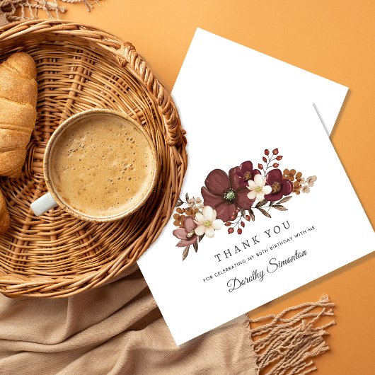 ブルガンディマウヴアイボリー秋80th誕生日フラット サンキューカード