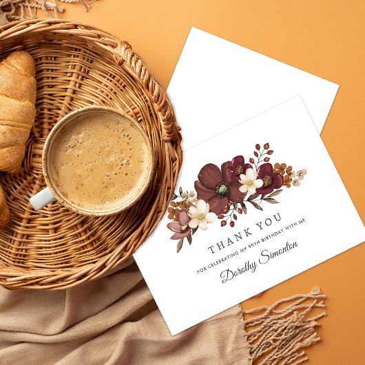 ブルガンディマウヴアイボリー秋90th誕生日フラット サンキューカード